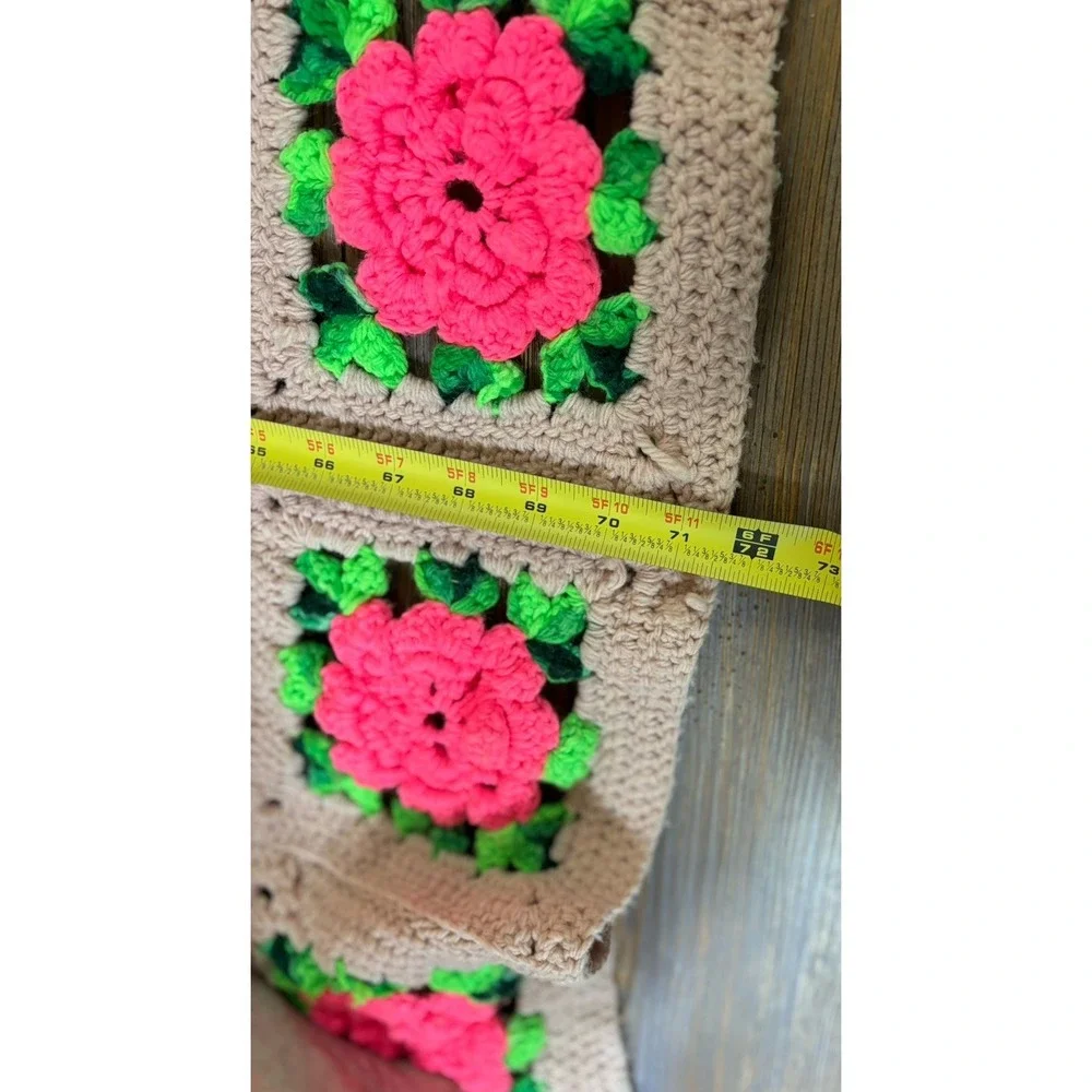 Granny square Handmade 3D Crochet Flower Afghan Blanket‎ Tan Pink  48